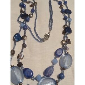 Vtg 90s Necklace Statement Double Strand Stones Blue Beads Accent